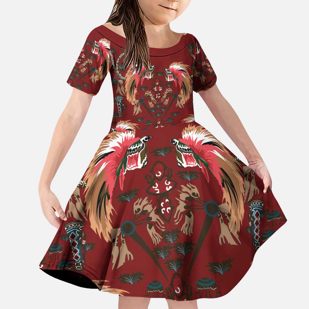 Oxblood Bird of Batik Papua Family Matching Puletasi and Hawaiian Shirt Exotic Natural Wealth of Papua LT9 Daughter's Dress Red - Polynesian Pride