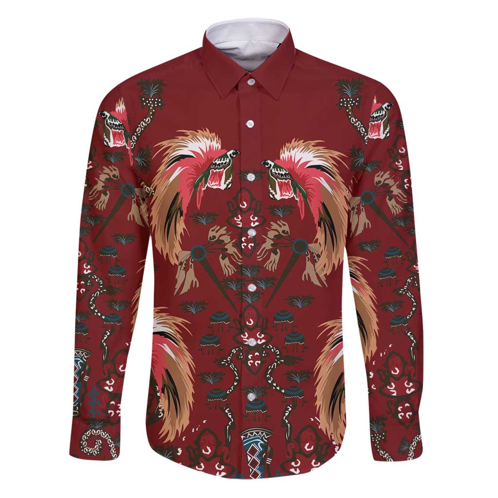 Oxblood Bird of Batik Papua Family Matching Puletasi and Hawaiian Shirt Exotic Natural Wealth of Papua LT9 Dad's Shirt - Long Sleeve Red - Polynesian Pride