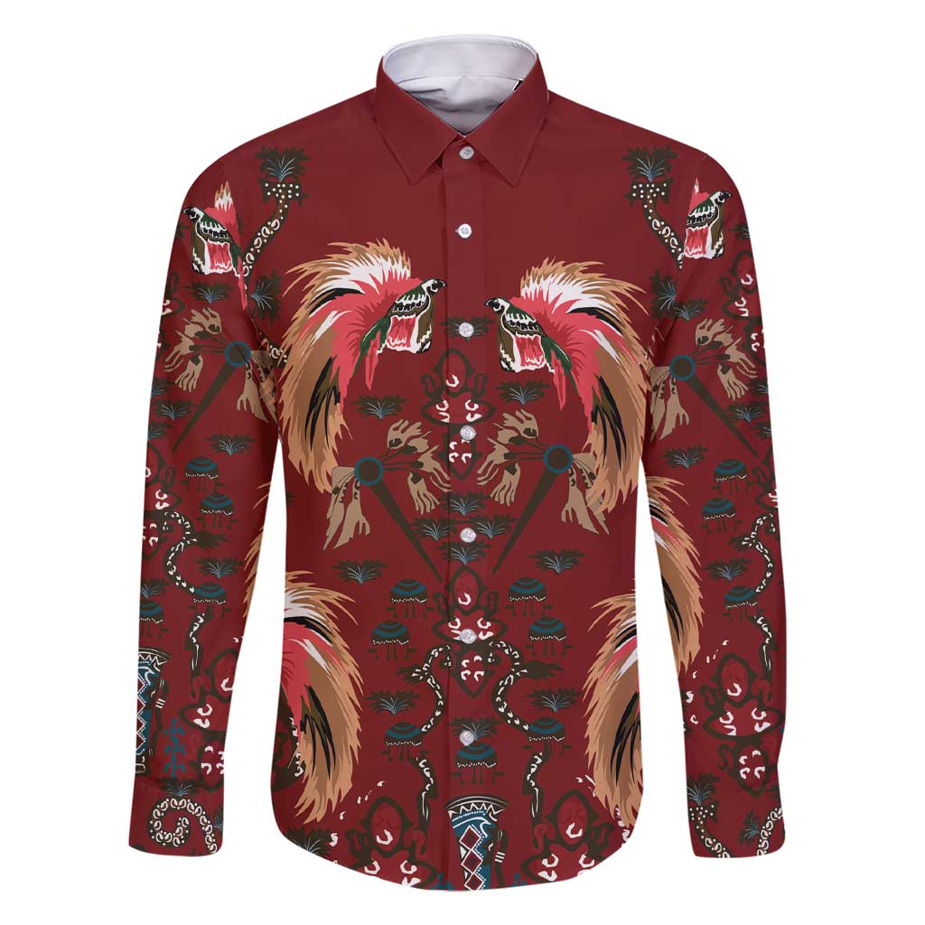 Oxblood Bird of Batik Papua Family Matching Short Sleeve Bodycon Dress and Hawaiian Shirt Exotic Natural Wealth of Papua LT9 Dad's Shirt - Long Sleeve Red - Polynesian Pride