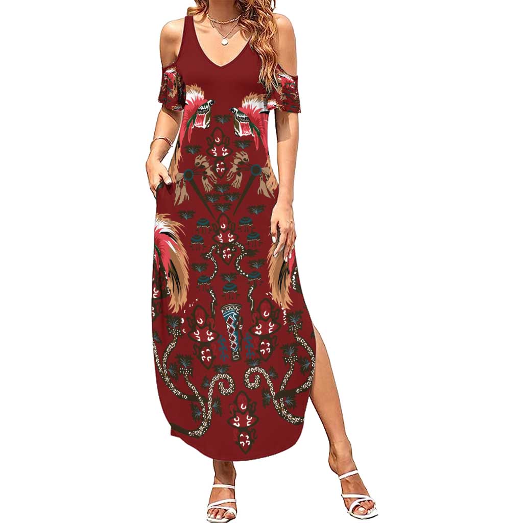 Oxblood Bird of Batik Papua Family Matching Summer Maxi Dress and Hawaiian Shirt Exotic Natural Wealth of Papua LT9 Mom's Dress Red - Polynesian Pride