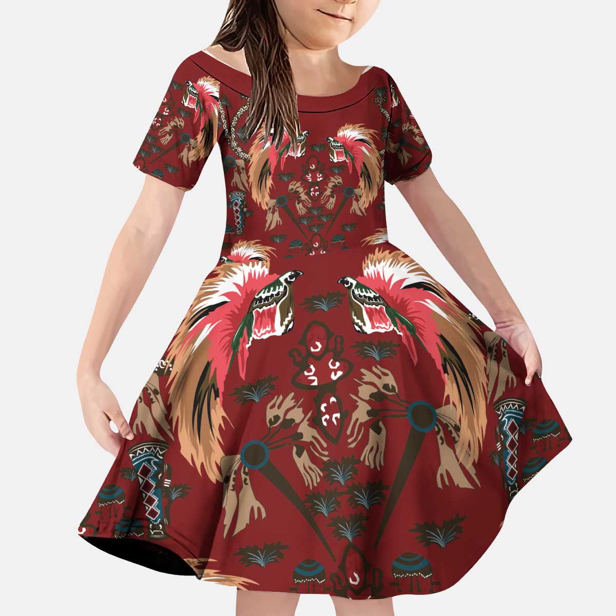 Oxblood Bird of Batik Papua Kid Short Sleeve Dress Exotic Natural Wealth of Papua LT9 KID Red - Polynesian Pride