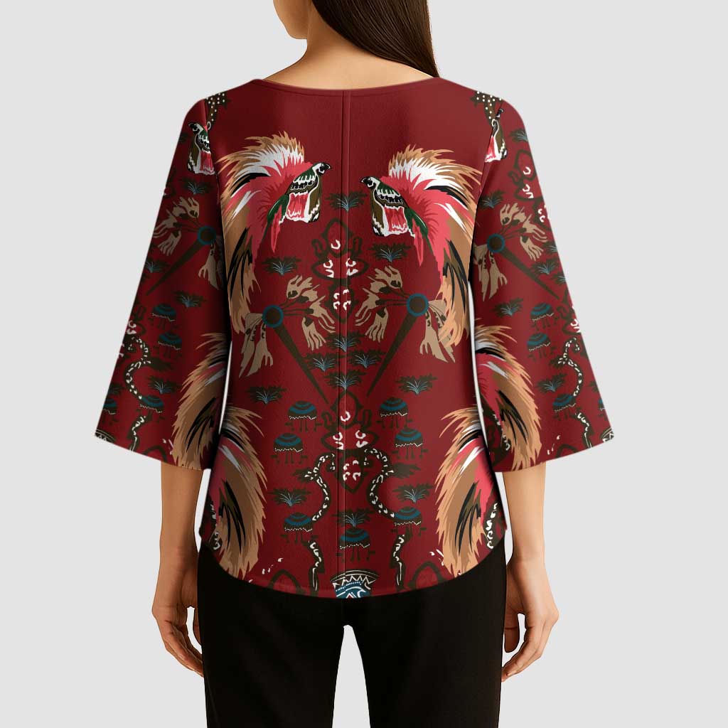 Oxblood Bird of Batik Papua Kimono Sleeve Blouse Exotic Natural Wealth of Papua LT9 - Polynesian Pride