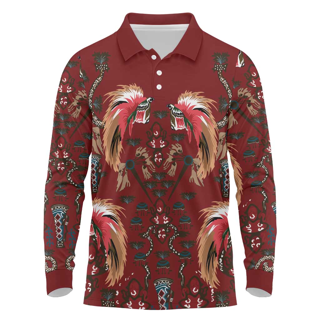 Oxblood Bird of Batik Papua Long Sleeve Polo Shirt Exotic Natural Wealth of Papua LT9 Red - Polynesian Pride
