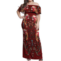 Oxblood Bird of Batik Papua Off Shoulder Maxi Dress Exotic Natural Wealth of Papua LT9 Women Red - Polynesian Pride