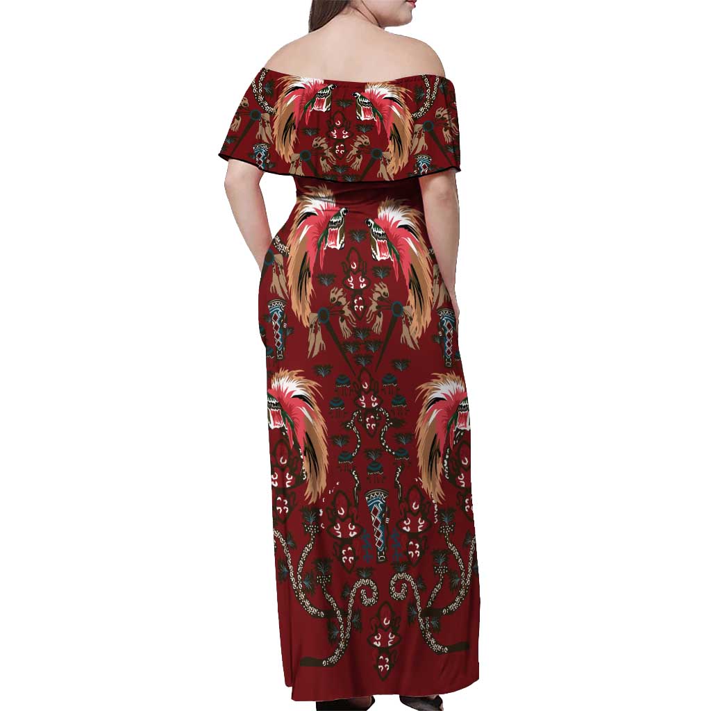 Oxblood Bird of Batik Papua Off Shoulder Maxi Dress Exotic Natural Wealth of Papua LT9 - Polynesian Pride