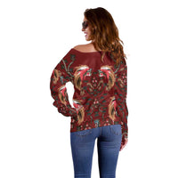 Oxblood Bird of Batik Papua Off Shoulder Sweater Exotic Natural Wealth of Papua LT9 - Polynesian Pride