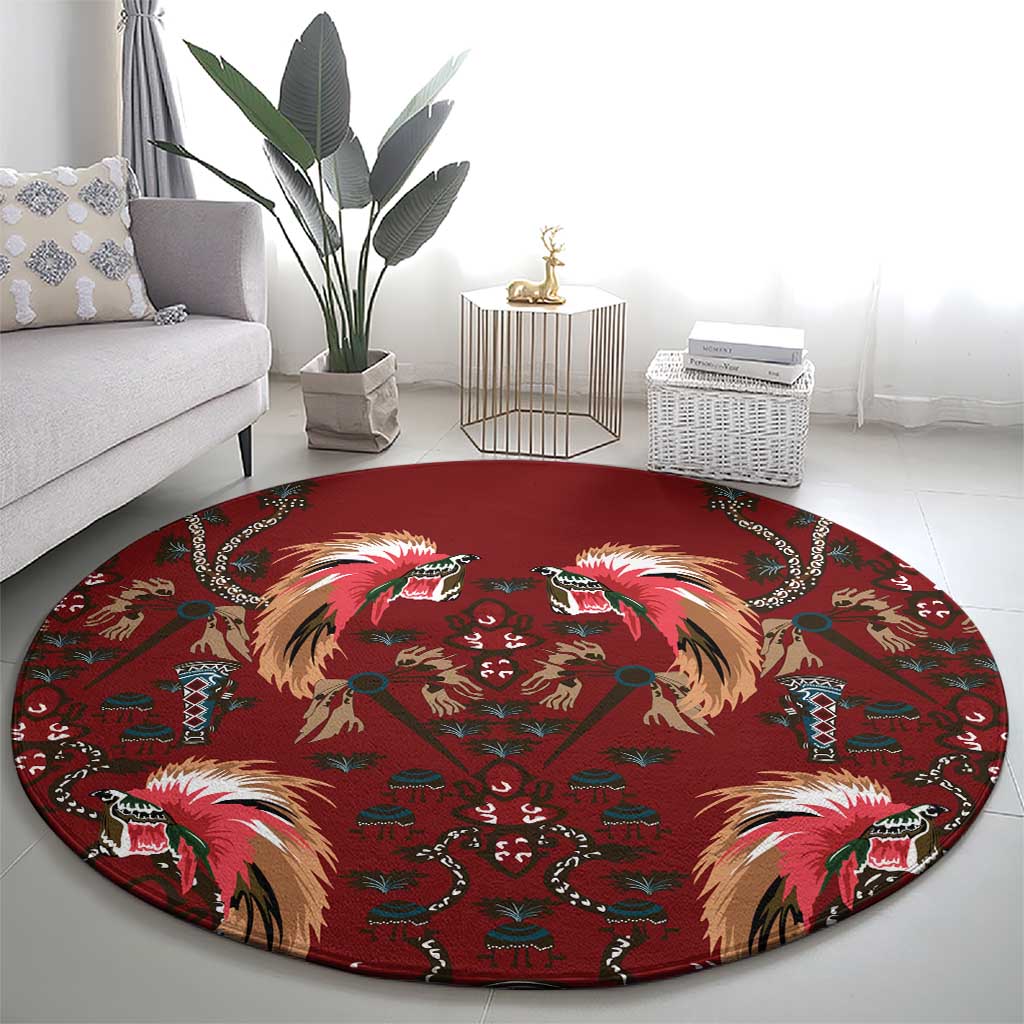 Oxblood Bird of Batik Papua Round Carpet Exotic Natural Wealth of Papua LT9 - Polynesian Pride