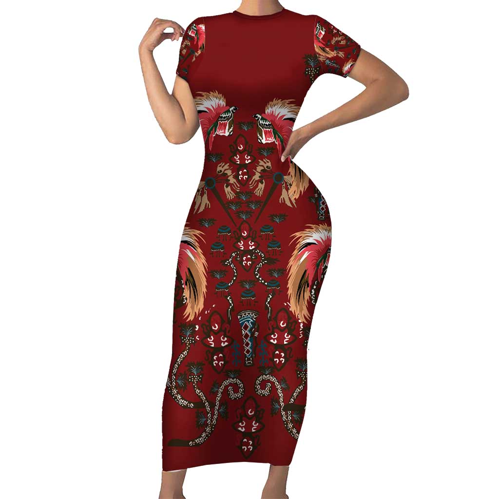 Oxblood Bird of Batik Papua Short Sleeve Bodycon Dress Exotic Natural Wealth of Papua LT9 Long Dress Red - Polynesian Pride