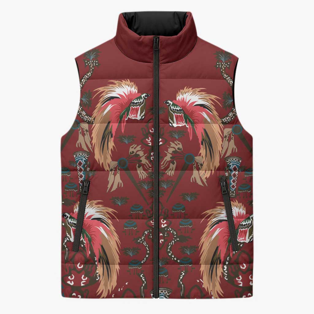 Oxblood Bird of Batik Papua Sleeveless Puffer Jacket Exotic Natural Wealth of Papua LT9 Unisex Red - Polynesian Pride