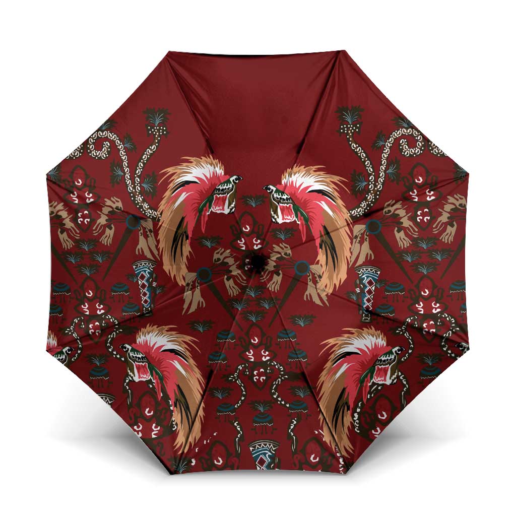 Oxblood Bird of Batik Papua Umbrella Exotic Natural Wealth of Papua LT9 One Size Folded 11.42 inch Opened Diameter 37.4 inch Red - Polynesian Pride