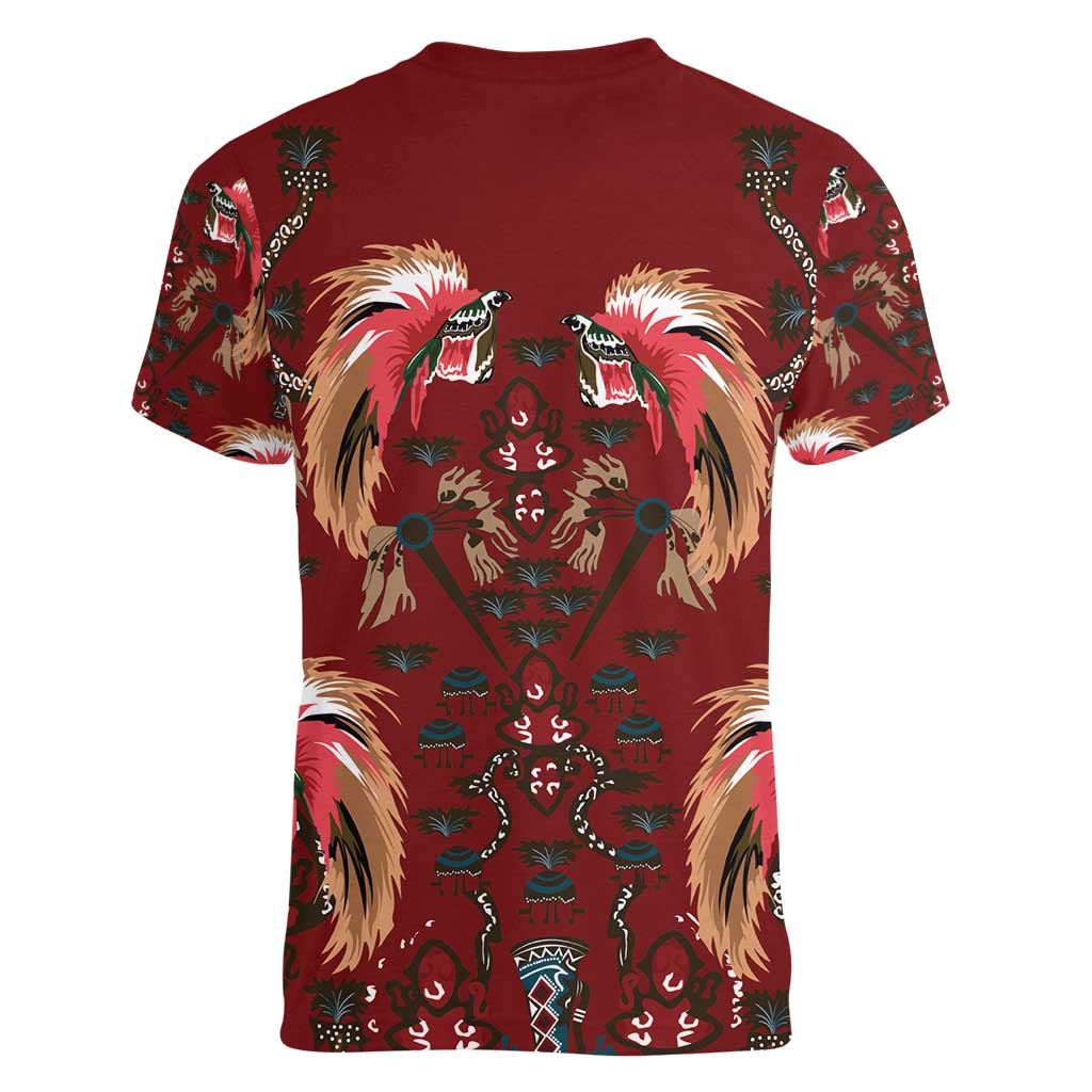 Oxblood Bird of Batik Papua Women V-Neck T-Shirt Exotic Natural Wealth of Papua LT9 - Polynesian Pride