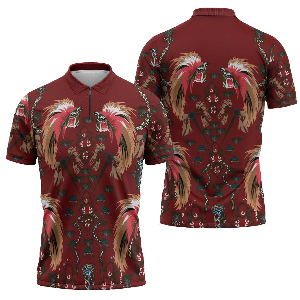 Oxblood Bird of Batik Papua Zipper Polo Shirt Exotic Natural Wealth of Papua LT9 - Polynesian Pride