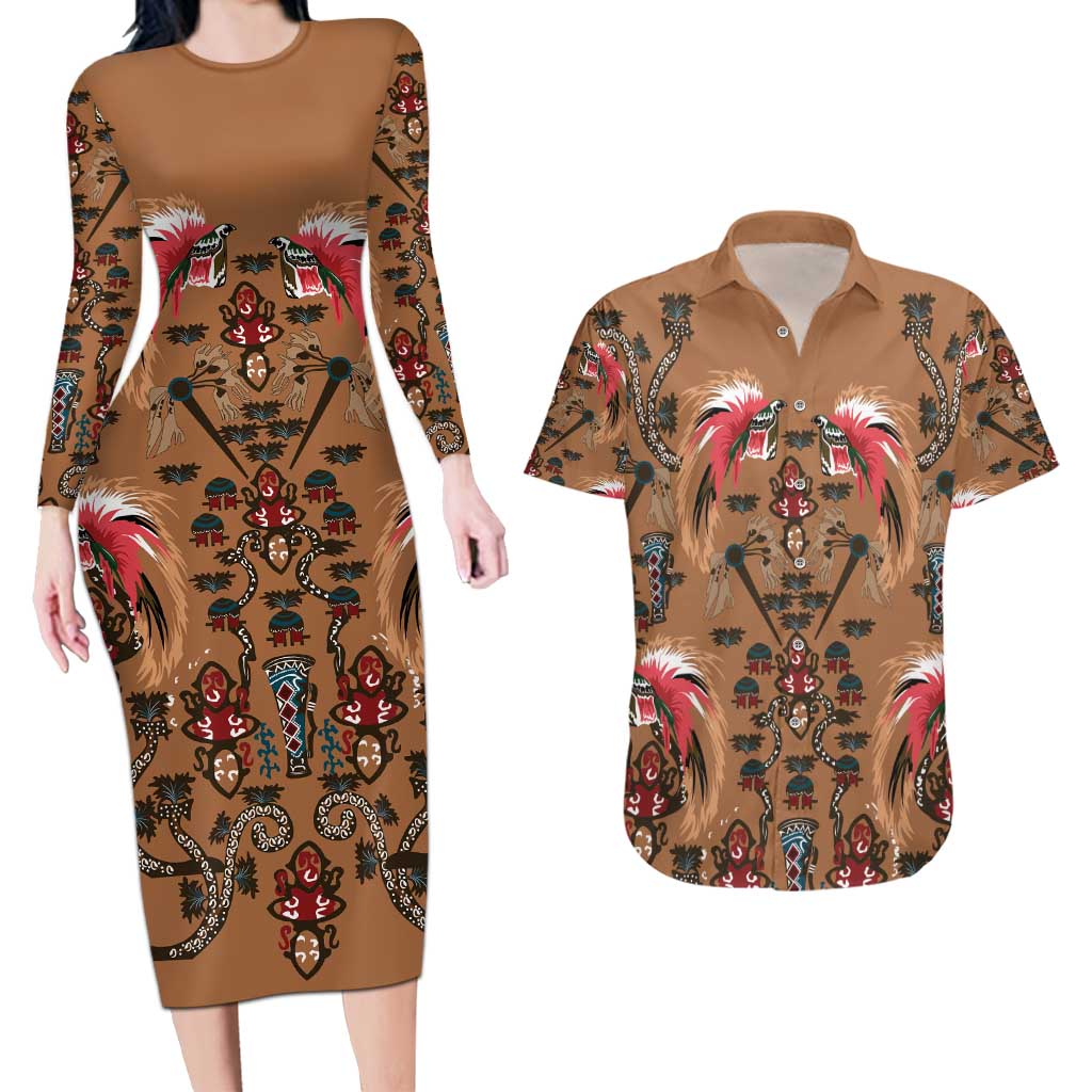 Terracotta Bird of Batik Papua Couples Matching Long Sleeve Bodycon Dress and Hawaiian Shirt Exotic Natural Wealth of Papua LT9 Gold - Polynesian Pride