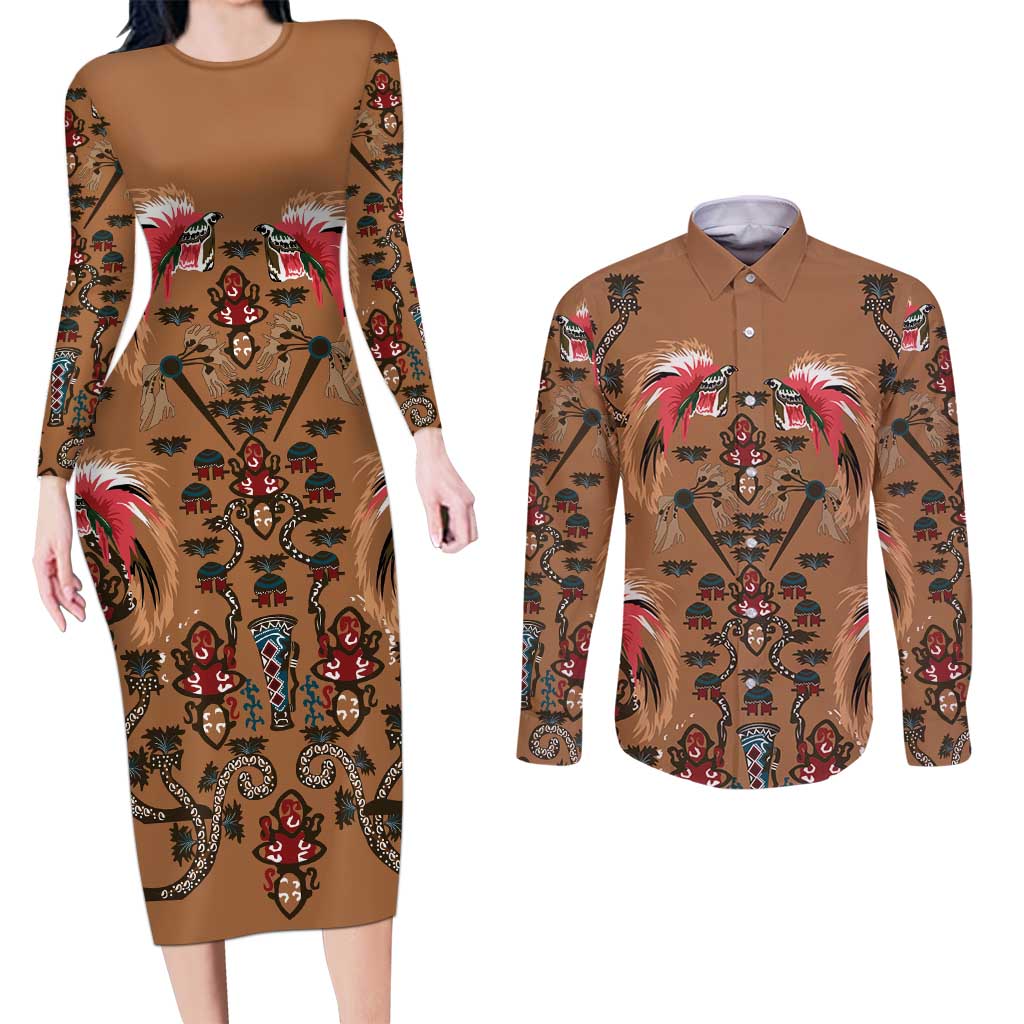 Terracotta Bird of Batik Papua Couples Matching Long Sleeve Bodycon Dress and Long Sleeve Button Shirt Exotic Natural Wealth of Papua LT9 Gold - Polynesian Pride