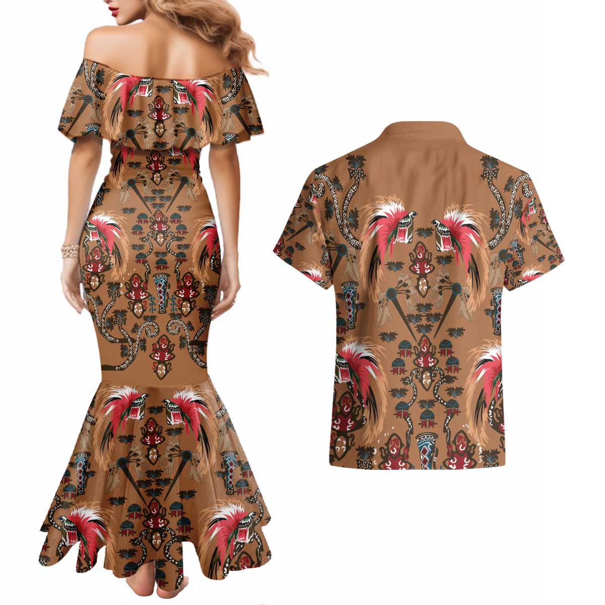 Terracotta Bird of Batik Papua Couples Matching Mermaid Dress and Hawaiian Shirt Exotic Natural Wealth of Papua LT9 - Polynesian Pride