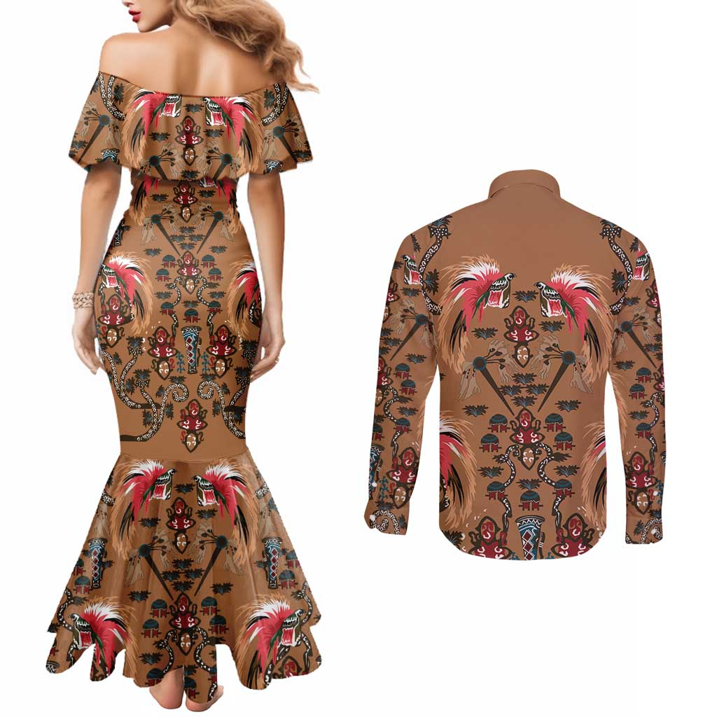 Terracotta Bird of Batik Papua Couples Matching Mermaid Dress and Long Sleeve Button Shirt Exotic Natural Wealth of Papua LT9 - Polynesian Pride