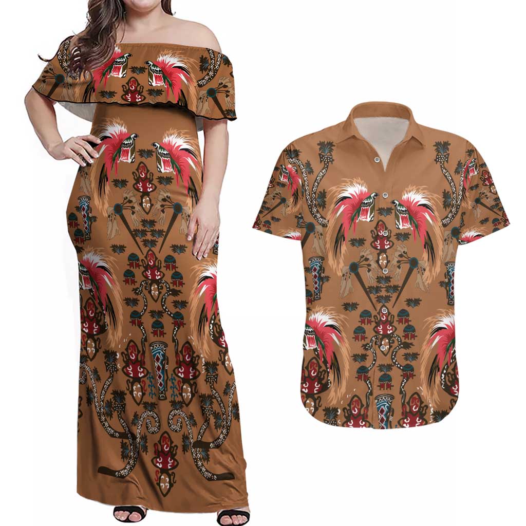 Terracotta Bird of Batik Papua Couples Matching Off Shoulder Maxi Dress and Hawaiian Shirt Exotic Natural Wealth of Papua LT9 Gold - Polynesian Pride