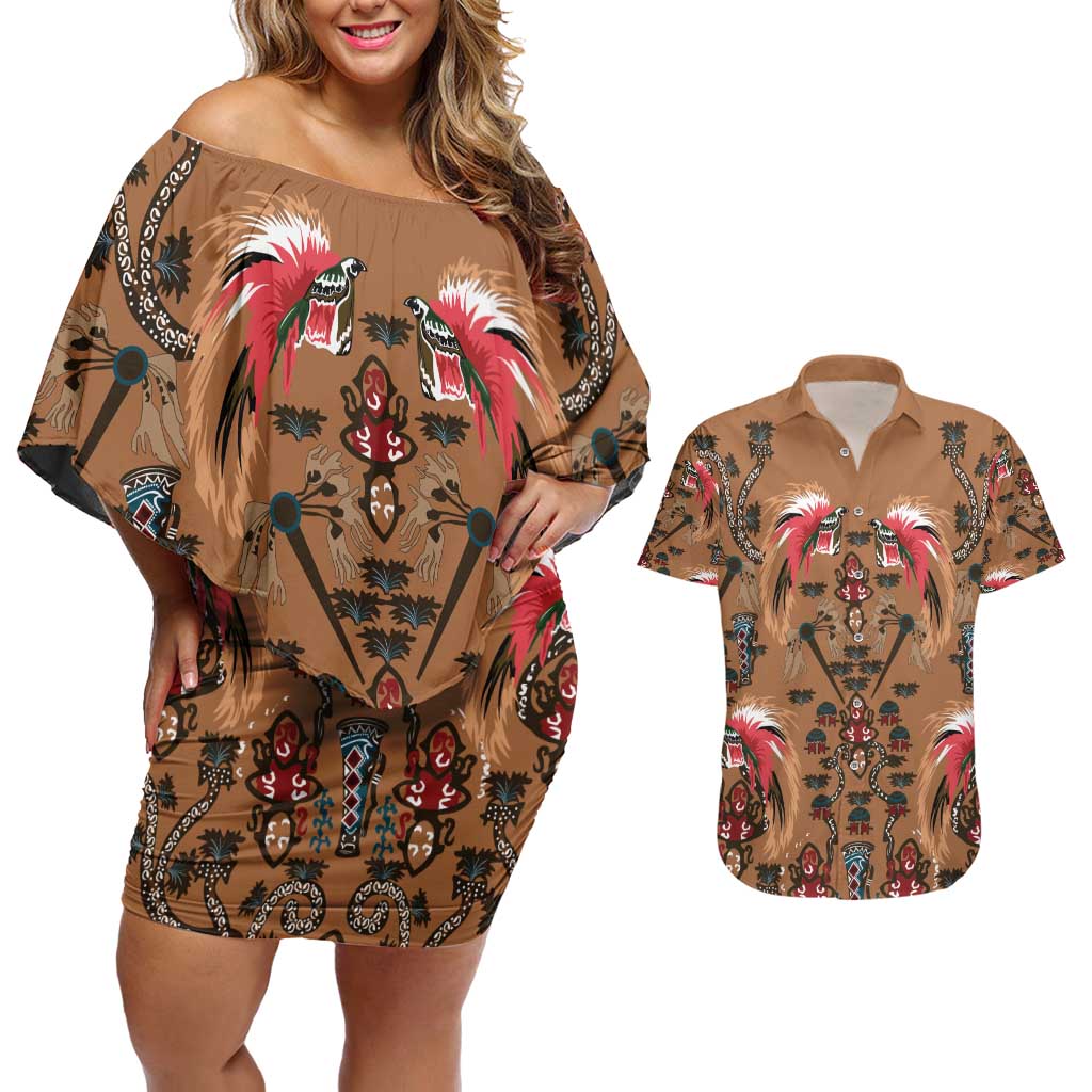 Terracotta Bird of Batik Papua Couples Matching Off Shoulder Short Dress and Hawaiian Shirt Exotic Natural Wealth of Papua LT9 Gold - Polynesian Pride