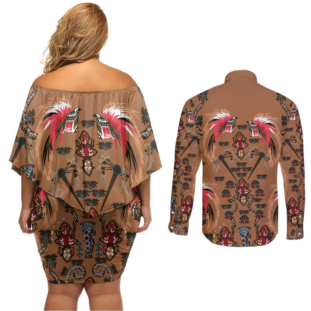 Terracotta Bird of Batik Papua Couples Matching Off Shoulder Short Dress and Long Sleeve Button Shirt Exotic Natural Wealth of Papua LT9 - Polynesian Pride