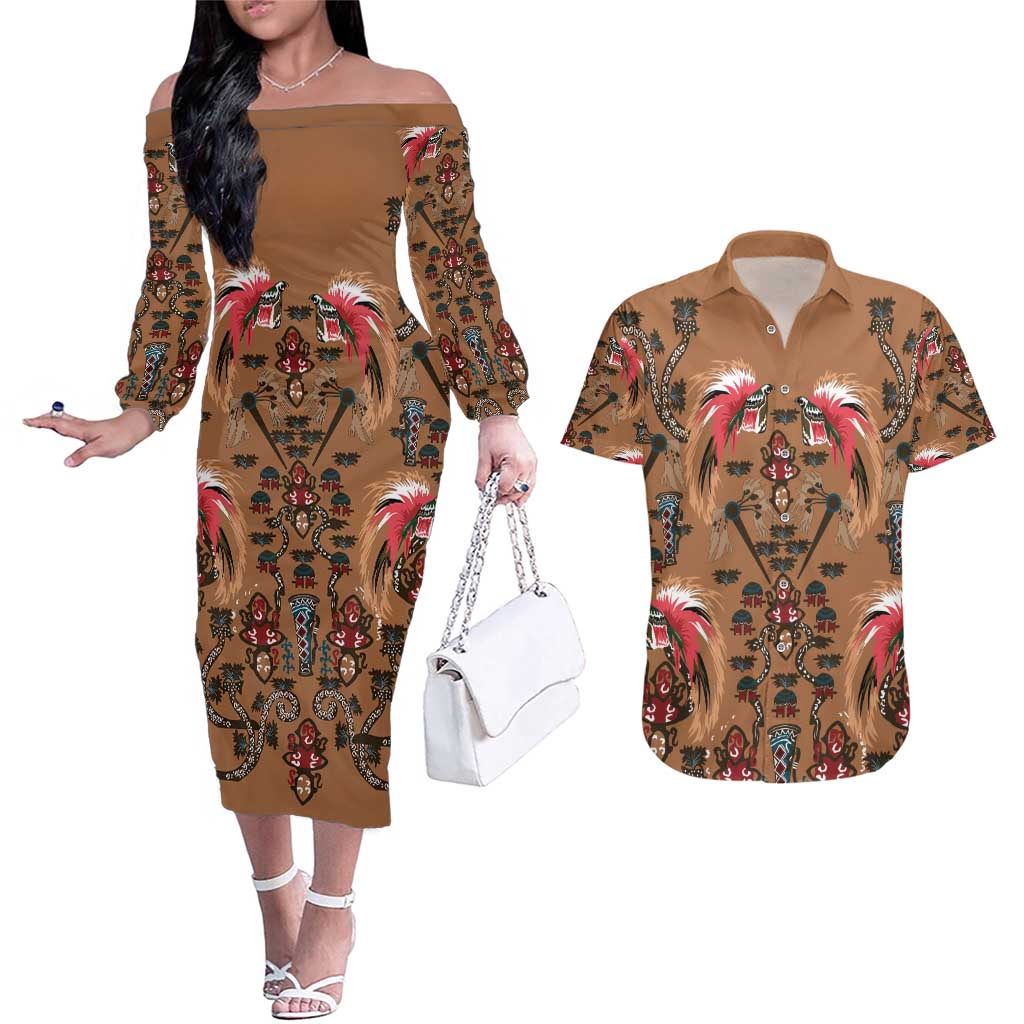 Terracotta Bird of Batik Papua Couples Matching Off The Shoulder Long Sleeve Dress and Hawaiian Shirt Exotic Natural Wealth of Papua LT9 Gold - Polynesian Pride