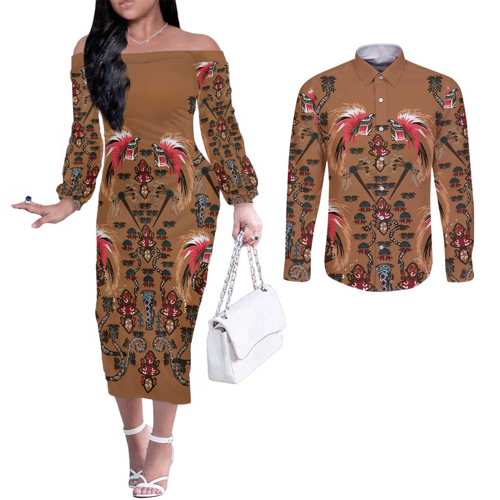 Terracotta Bird of Batik Papua Couples Matching Off The Shoulder Long Sleeve Dress and Long Sleeve Button Shirt Exotic Natural Wealth of Papua LT9 Gold - Polynesian Pride