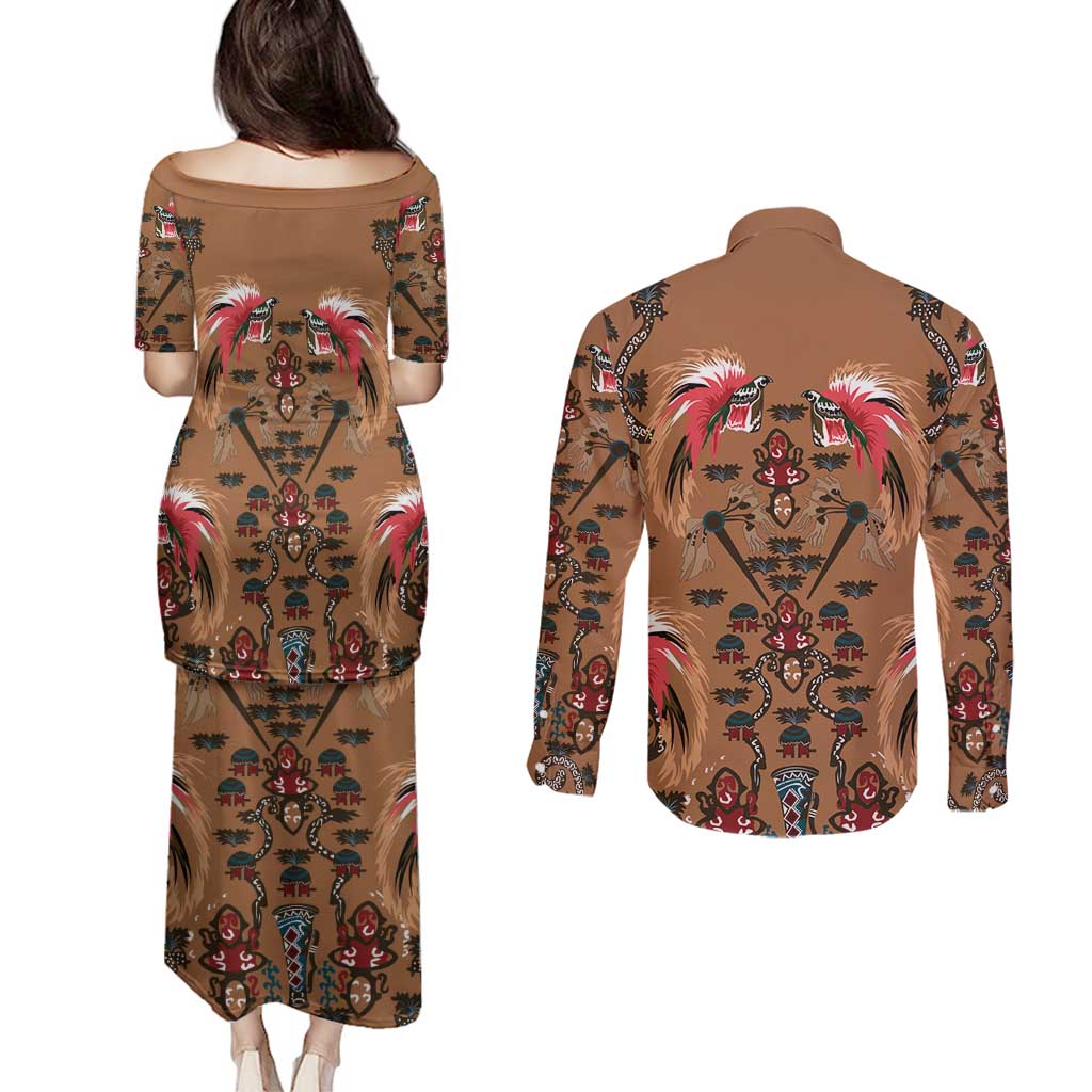 Terracotta Bird of Batik Papua Couples Matching Puletasi and Long Sleeve Button Shirt Exotic Natural Wealth of Papua LT9 - Polynesian Pride