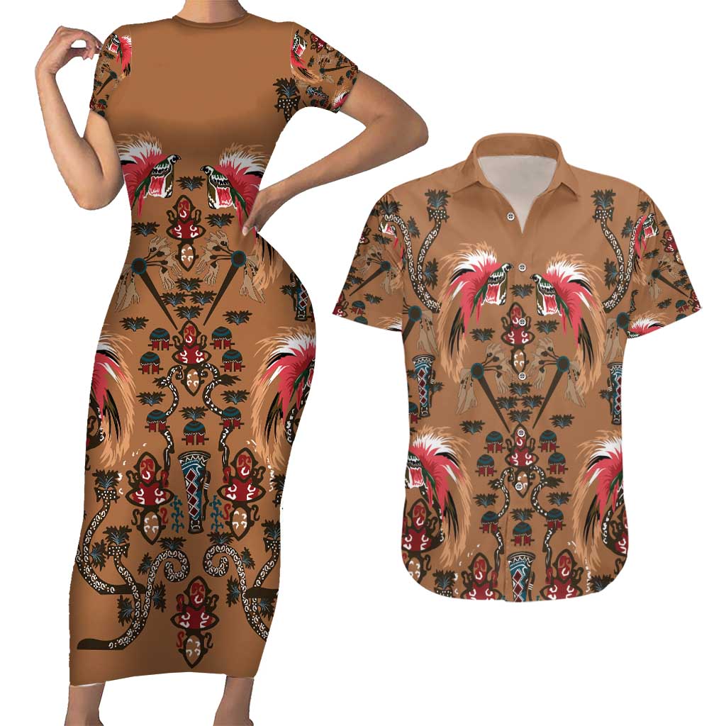 Terracotta Bird of Batik Papua Couples Matching Short Sleeve Bodycon Dress and Hawaiian Shirt Exotic Natural Wealth of Papua LT9 Gold - Polynesian Pride