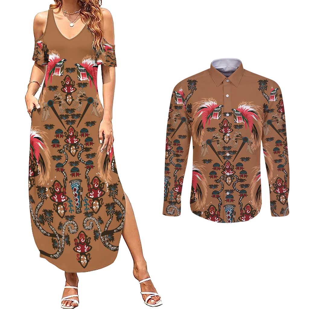 Terracotta Bird of Batik Papua Couples Matching Summer Maxi Dress and Long Sleeve Button Shirt Exotic Natural Wealth of Papua LT9 Gold - Polynesian Pride