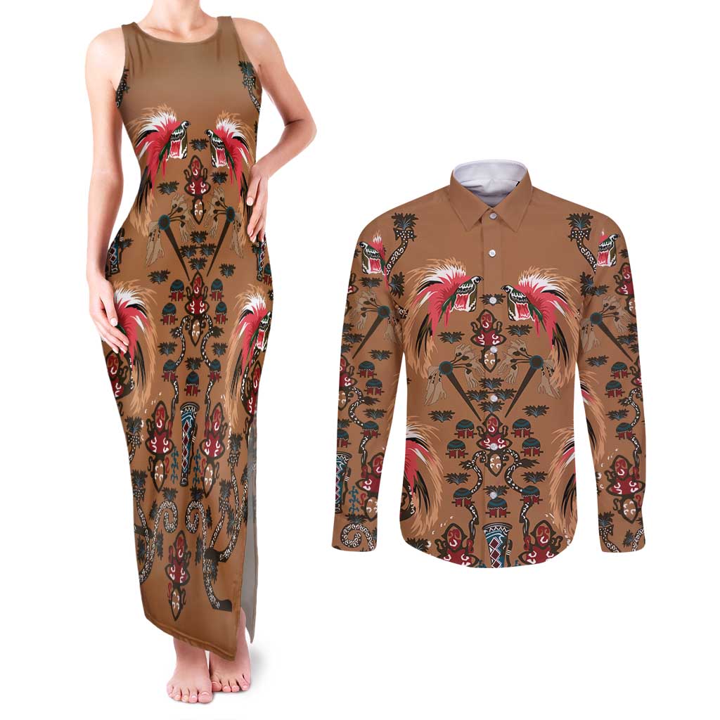 Terracotta Bird of Batik Papua Couples Matching Tank Maxi Dress and Long Sleeve Button Shirt Exotic Natural Wealth of Papua LT9 Gold - Polynesian Pride