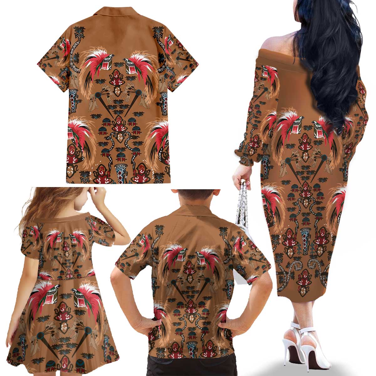 Terracotta Bird of Batik Papua Family Matching Off The Shoulder Long Sleeve Dress and Hawaiian Shirt Exotic Natural Wealth of Papua LT9 - Polynesian Pride