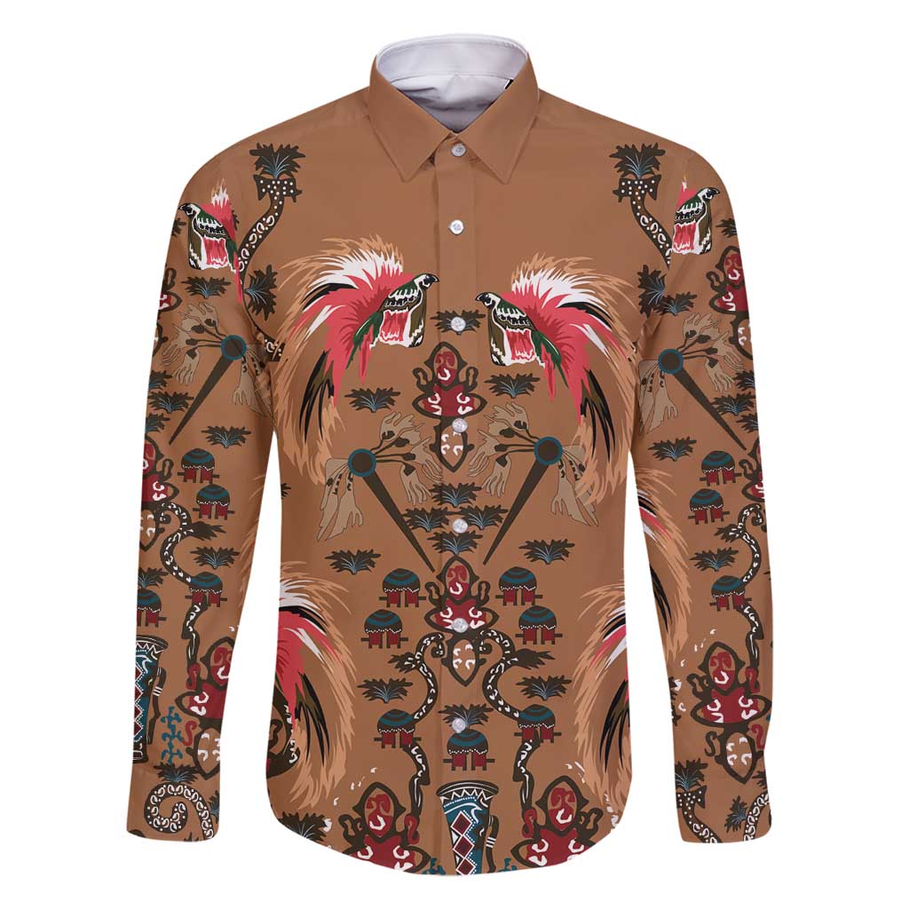 Terracotta Bird of Batik Papua Family Matching Off Shoulder Maxi Dress and Hawaiian Shirt Exotic Natural Wealth of Papua LT9 Dad's Shirt - Long Sleeve Gold - Polynesian Pride