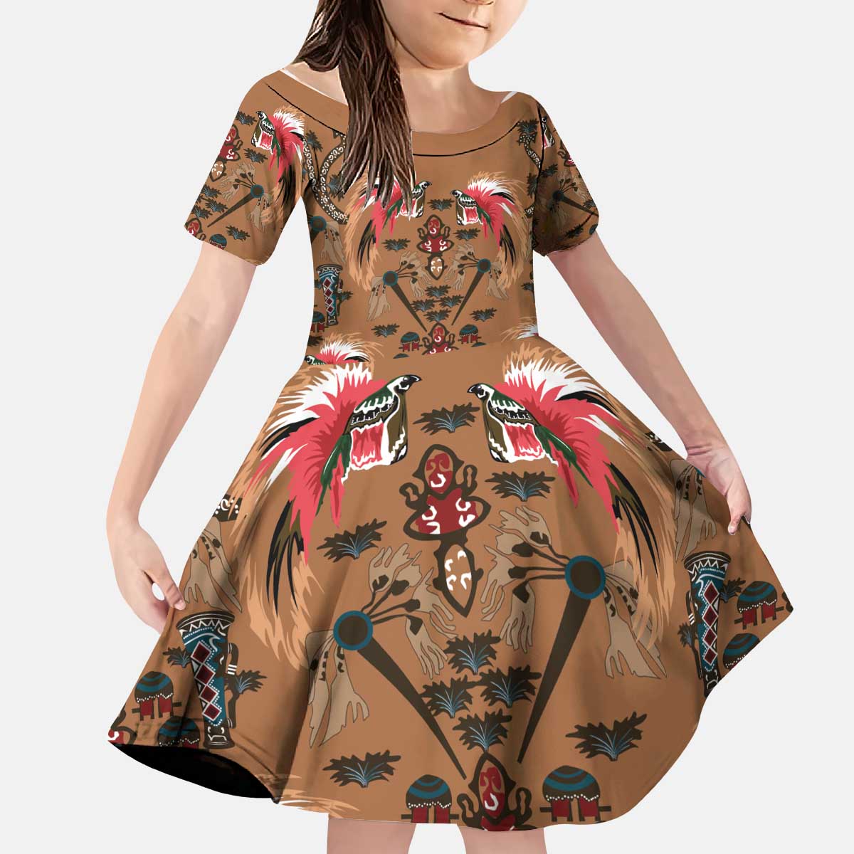 Terracotta Bird of Batik Papua Kid Short Sleeve Dress Exotic Natural Wealth of Papua LT9 KID Gold - Polynesian Pride