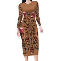 Terracotta Bird of Batik Papua Long Sleeve Bodycon Dress Exotic Natural Wealth of Papua LT9 Long Dress Gold - Polynesian Pride