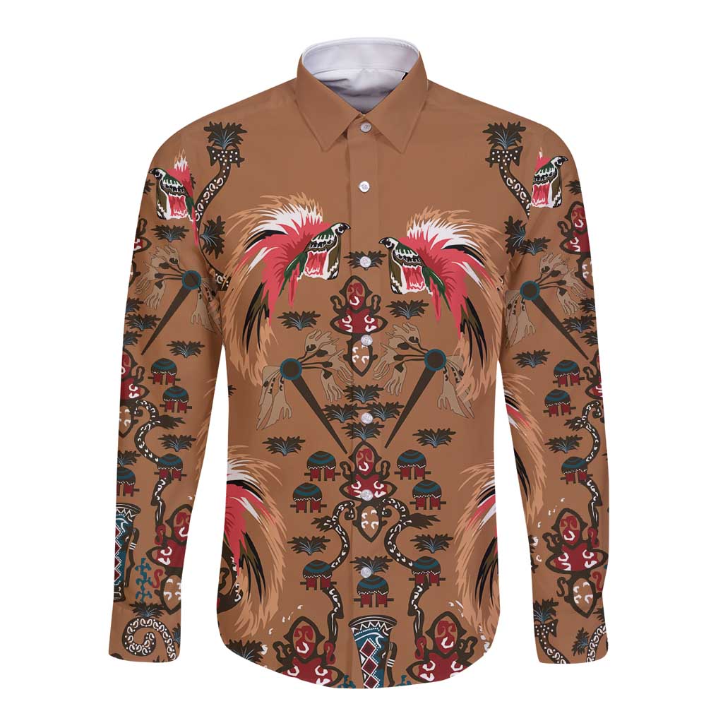 Terracotta Bird of Batik Papua Long Sleeve Button Shirt Exotic Natural Wealth of Papua LT9 Unisex Gold - Polynesian Pride