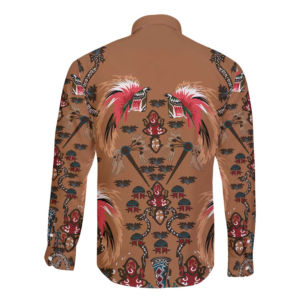 Terracotta Bird of Batik Papua Long Sleeve Button Shirt Exotic Natural Wealth of Papua LT9 - Polynesian Pride