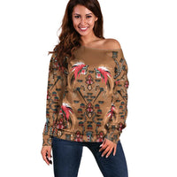 Terracotta Bird of Batik Papua Off Shoulder Sweater Exotic Natural Wealth of Papua LT9 Women Gold - Polynesian Pride