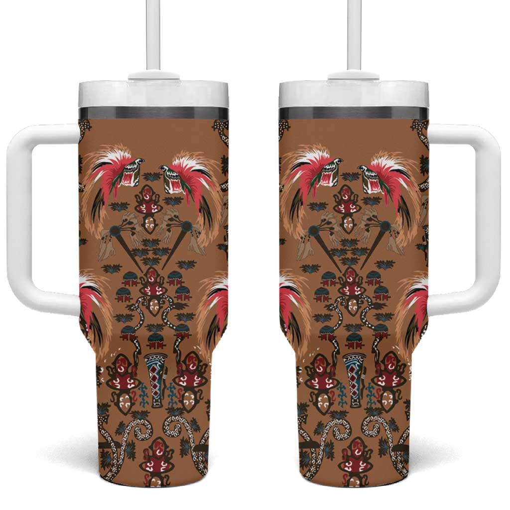 Terracotta Bird of Batik Papua Tumbler With Handle Exotic Natural Wealth of Papua LT9 One Size: 40 oz Gold - Polynesian Pride