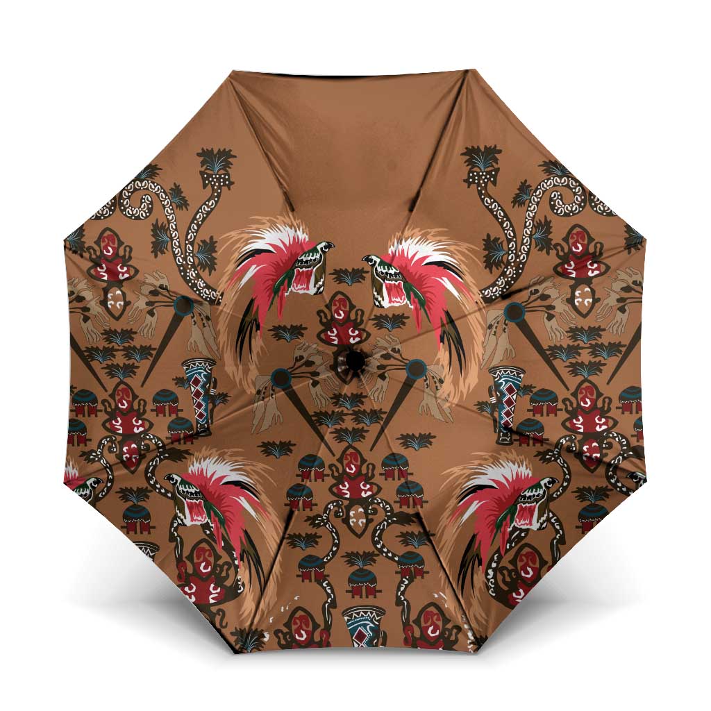 Terracotta Bird of Batik Papua Umbrella Exotic Natural Wealth of Papua LT9 One Size Folded 11.42 inch Opened Diameter 37.4 inch Gold - Polynesian Pride