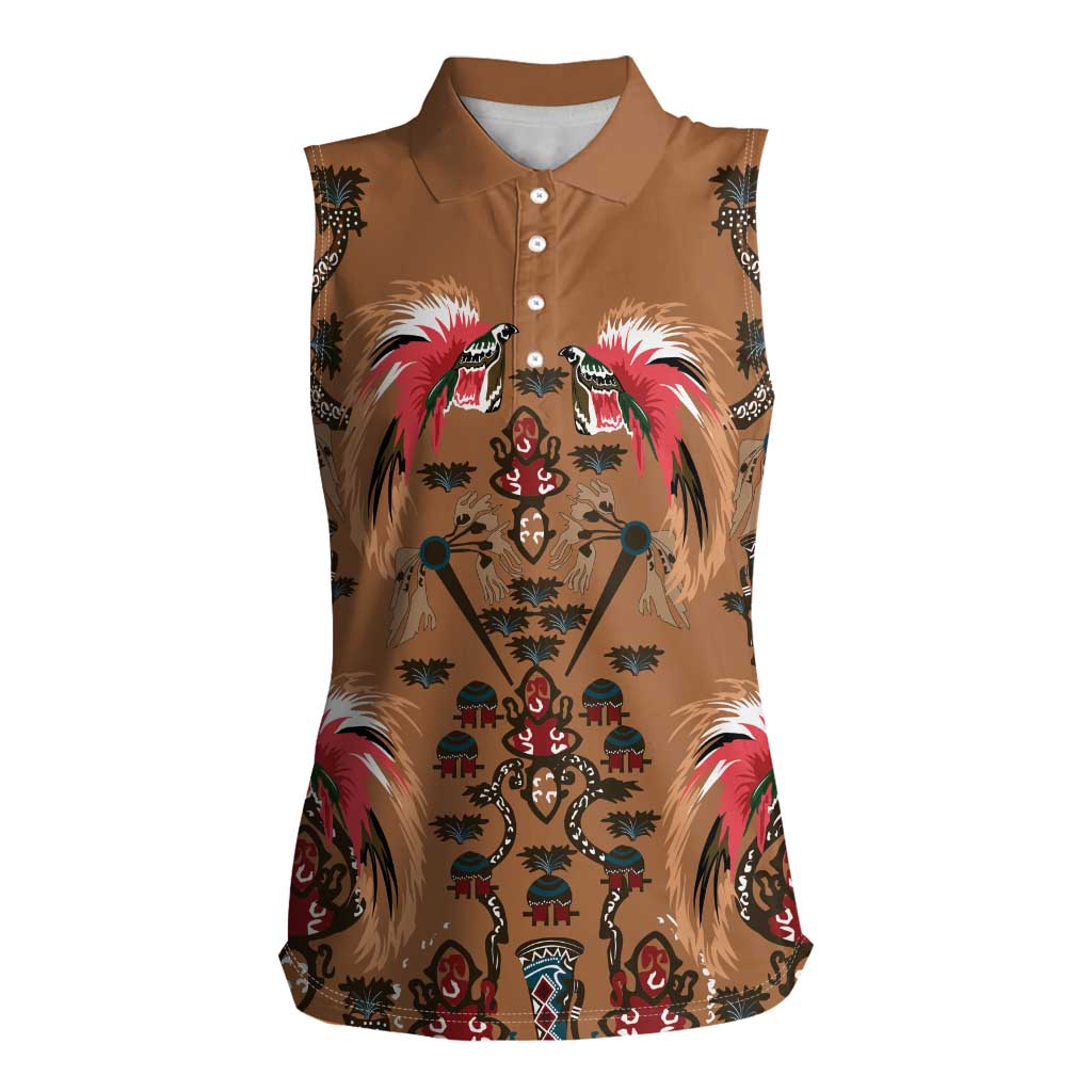 Terracotta Bird of Batik Papua Women Sleeveless Polo Shirt Exotic Natural Wealth of Papua LT9 Female Gold - Polynesian Pride