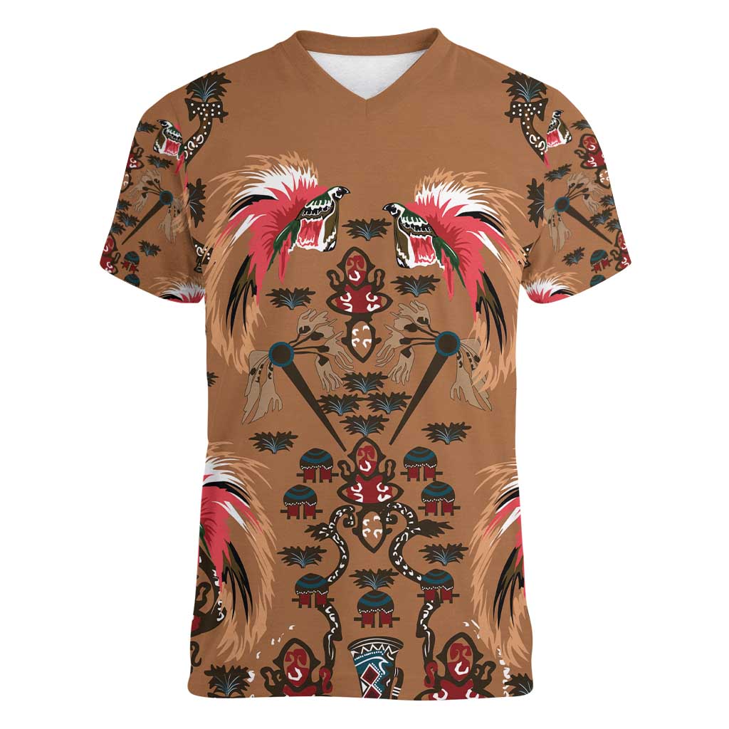 Terracotta Bird of Batik Papua Women V-Neck T-Shirt Exotic Natural Wealth of Papua LT9 Female Gold - Polynesian Pride