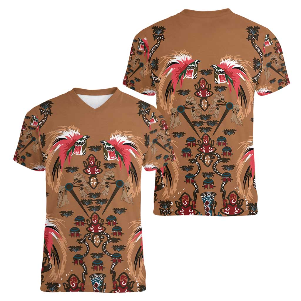 Terracotta Bird of Batik Papua Women V-Neck T-Shirt Exotic Natural Wealth of Papua LT9 - Polynesian Pride