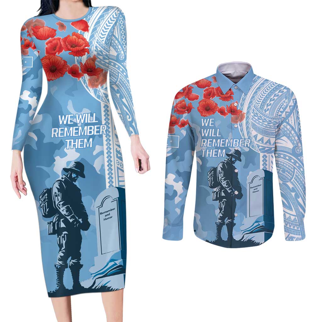 FSM Verterans Day Couples Matching Long Sleeve Bodycon Dress and Long Sleeve Button Shirt Their Lives Your Freedom LT9 Blue - Polynesian Pride