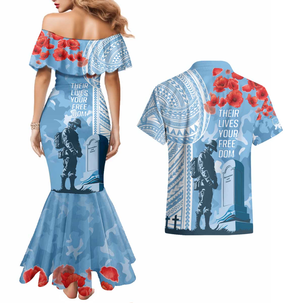 FSM Verterans Day Couples Matching Mermaid Dress and Hawaiian Shirt Their Lives Your Freedom LT9 - Polynesian Pride
