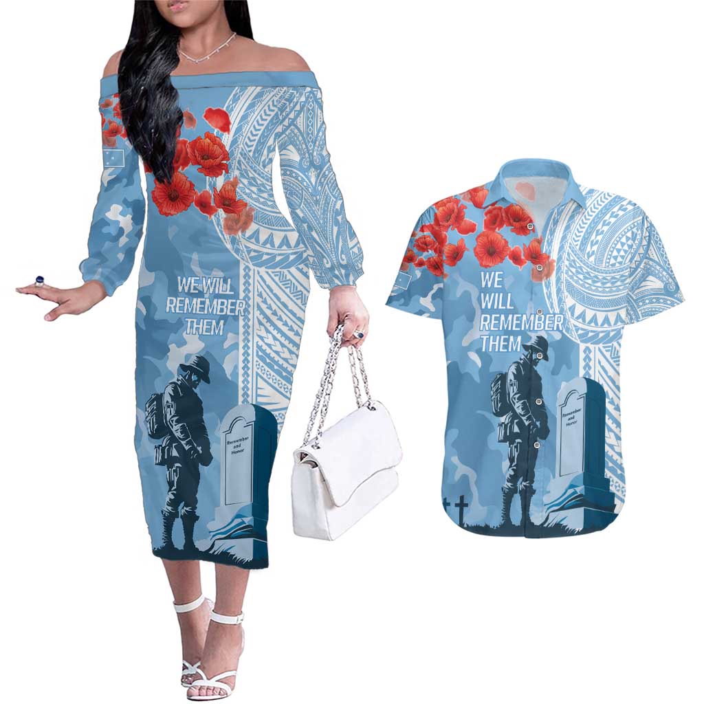 FSM Verterans Day Couples Matching Off The Shoulder Long Sleeve Dress and Hawaiian Shirt Their Lives Your Freedom LT9 Blue - Polynesian Pride