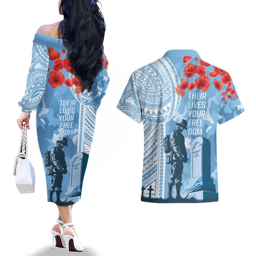 FSM Verterans Day Couples Matching Off The Shoulder Long Sleeve Dress and Hawaiian Shirt Their Lives Your Freedom LT9 - Polynesian Pride