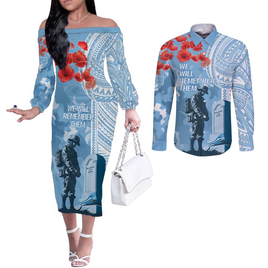 FSM Verterans Day Couples Matching Off The Shoulder Long Sleeve Dress and Long Sleeve Button Shirt Their Lives Your Freedom LT9 Blue - Polynesian Pride
