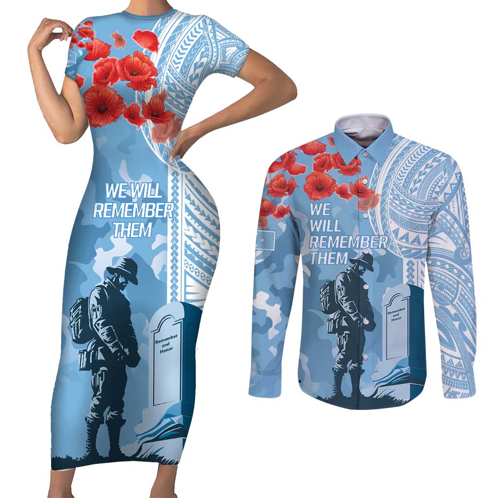 FSM Verterans Day Couples Matching Short Sleeve Bodycon Dress and Long Sleeve Button Shirt Their Lives Your Freedom LT9 Blue - Polynesian Pride