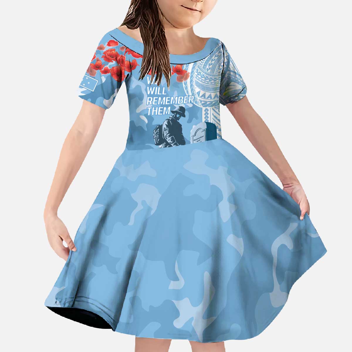FSM Verterans Day Family Matching Off The Shoulder Long Sleeve Dress and Hawaiian Shirt Their Lives Your Freedom LT9 Daughter's Dress Blue - Polynesian Pride