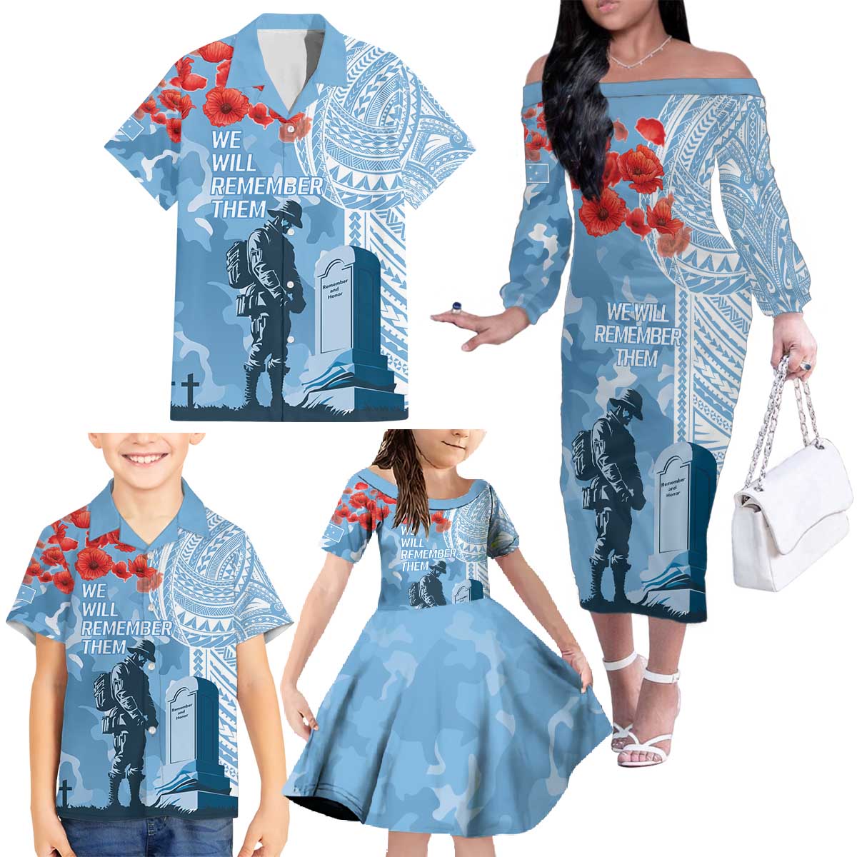 FSM Verterans Day Family Matching Off The Shoulder Long Sleeve Dress and Hawaiian Shirt Their Lives Your Freedom LT9 - Polynesian Pride
