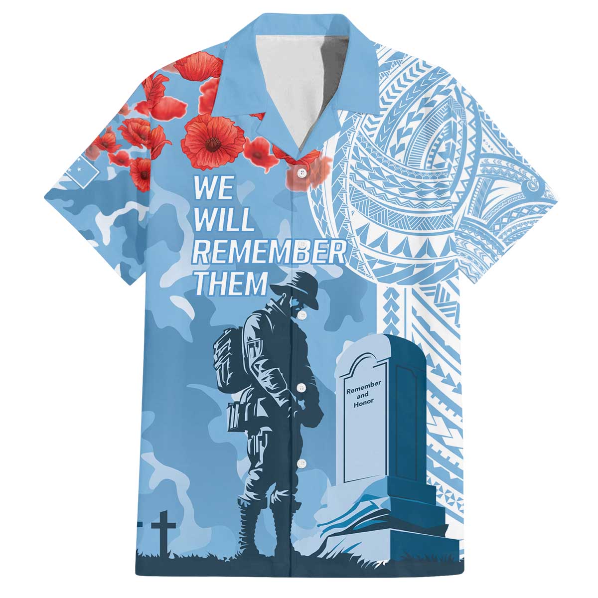 FSM Verterans Day Family Matching Off The Shoulder Long Sleeve Dress and Hawaiian Shirt Their Lives Your Freedom LT9 Dad's Shirt - Short Sleeve Blue - Polynesian Pride